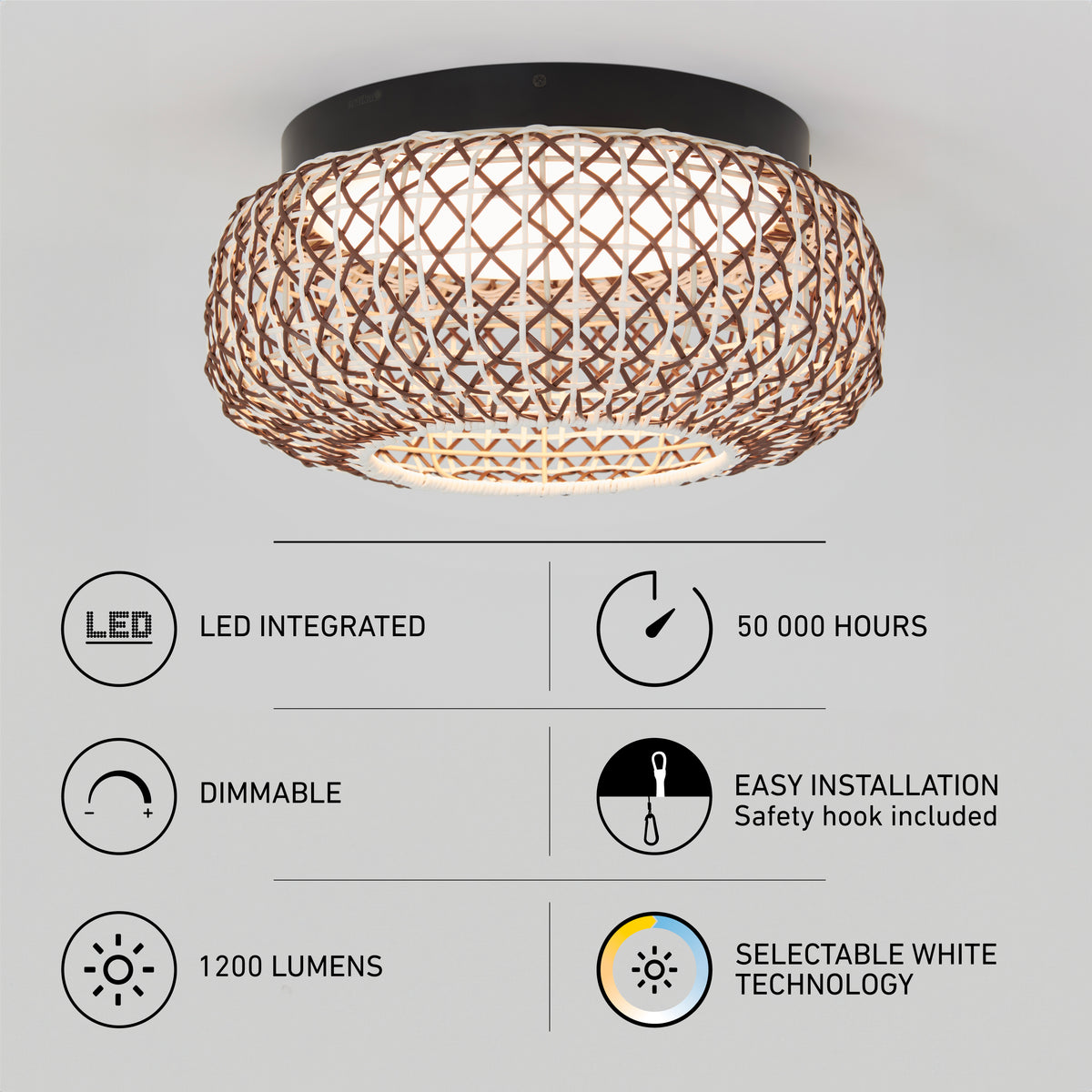 A ceiling light with a woven rattan-style shade, black base, and integrated LED. Features noted: LED integrated, dimmable, 1200 lumens, 50,000 hours lifespan, selectable white technology, and easy installation.