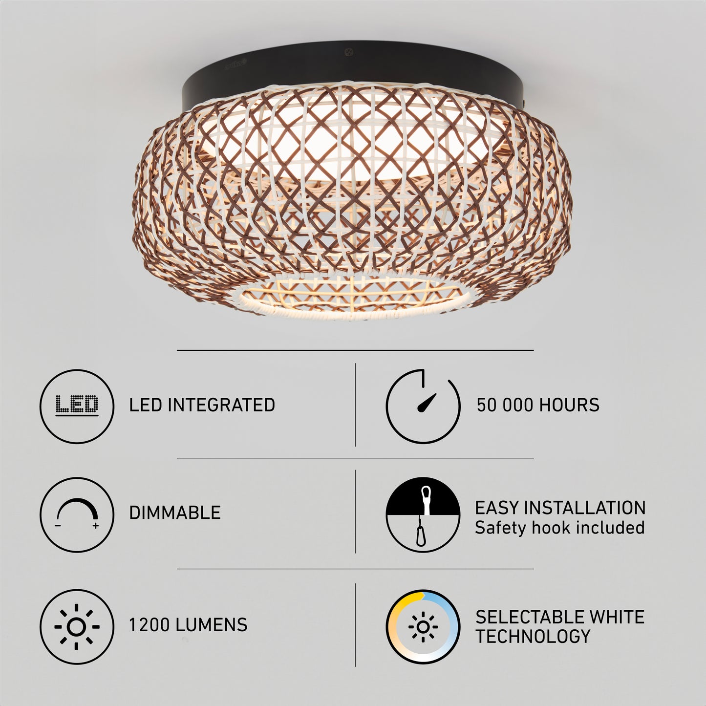 Artika Benson 15 in. LED flush mount light features selectable white (5 CCT), 1200 lumens, dimmable LED with 50,000-hour lifespan, easy installation with safety hook—shown with related icons and text.