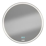 A round, wall-mounted mirror with an illuminated LED light ring around the edge and touch-sensitive controls visible at the bottom center.