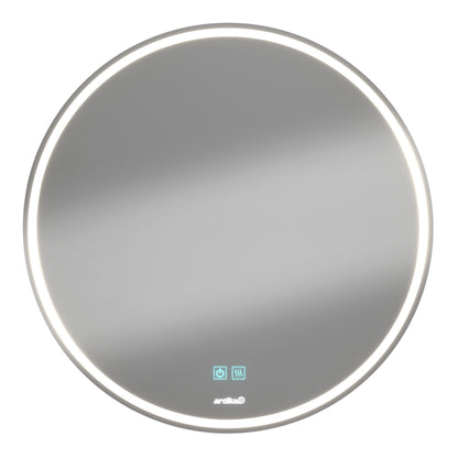 The Artika Mateo 28 in. LED mirror features built-in edge lighting, two illuminated touch controls at the bottom center, 3 CCT options, and a defogger—all against a sleek white background.