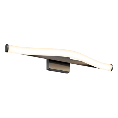 The Artika Arc modern LED bathroom vanity light 5 CCT is a sleek, wall-mounted fixture with a curved design and an elongated LED light bar on a rectangular base.