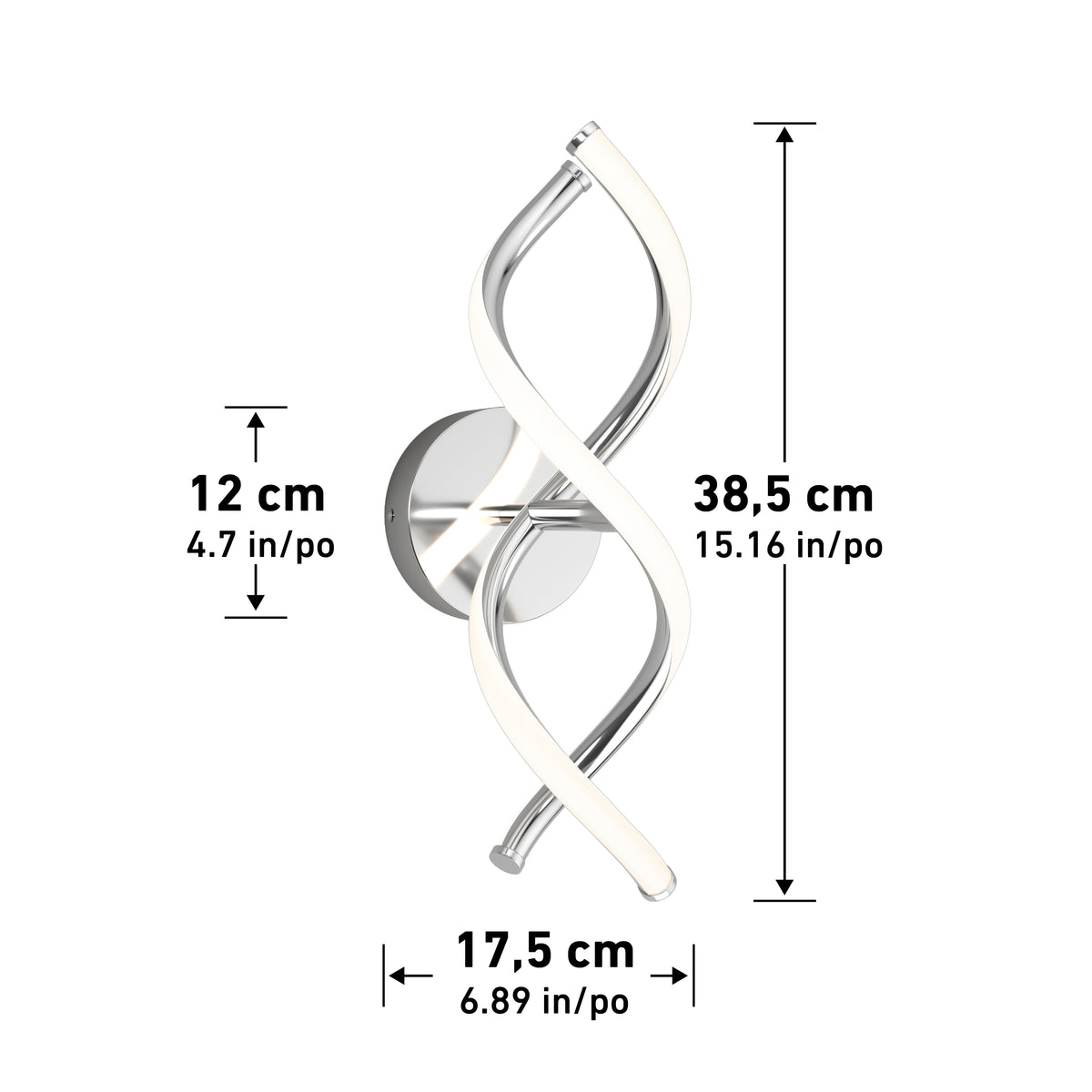 A modern wall light with two twisted, tubular LED arms in silver and white. Dimensions shown: height 38.5 cm (15.16 in), width 17.5 cm (6.89 in), depth 12 cm (4.7 in).