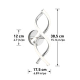 A modern wall light with two twisted, tubular LED arms in silver and white. Dimensions shown: height 38.5 cm (15.16 in), width 17.5 cm (6.89 in), depth 12 cm (4.7 in).