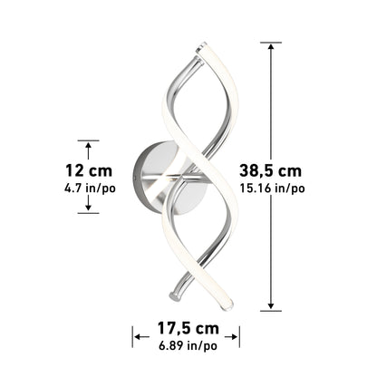 A modern wall light with two twisted, tubular LED arms in silver and white. Dimensions shown: height 38.5 cm (15.16 in), width 17.5 cm (6.89 in), depth 12 cm (4.7 in).
