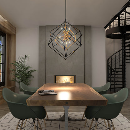 Modern dining room featuring the Artika Imperium 9-light chandelier above a wooden table, green chairs, fireplace, and plant.