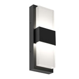 A modern wall sconce light fixture with a rectangular black metal frame and two frosted white glass panels, one above and one below a central black square.