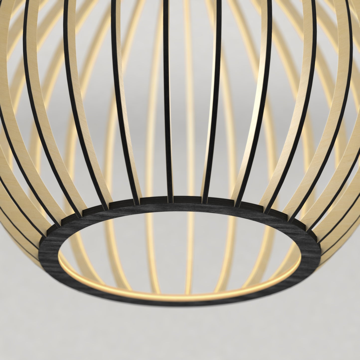 Close-up of the Tomi LED Pendant Light 3 CCT by Artika, featuring curved gold-toned metal strips forming an open spherical cage. A neutral, blurred background emphasizes the fixture’s elegant and modern design.