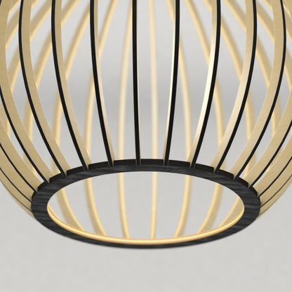Close-up of the Tomi LED Pendant Light 3 CCT by Artika, featuring curved gold-toned metal strips forming an open spherical cage. A neutral, blurred background emphasizes the fixture’s elegant and modern design.
