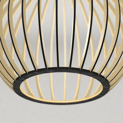 Close-up of the Artika Tomi LED Pendant Light 3 CCT, featuring a circular black frame and curved golden slats in an open, cage-like design against a neutral background.