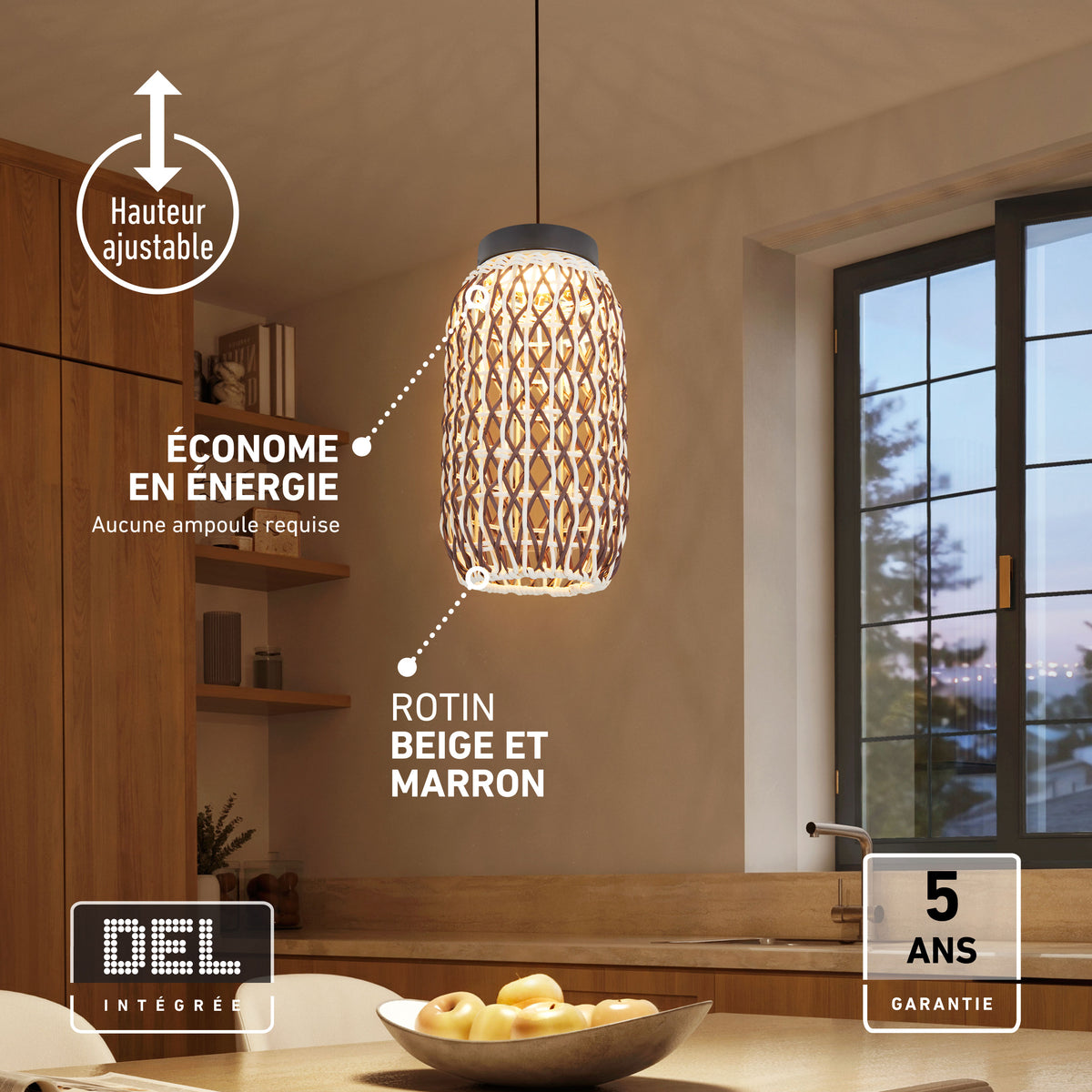The Artika Benson Mini LED pendant light 5 CCT in beige and brown hangs over apples in a modern kitchen at sunset.