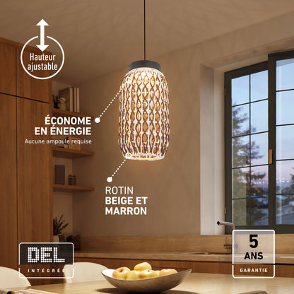 The Artika Benson Mini LED pendant light 5 CCT in beige and brown hangs over apples in a modern kitchen at sunset.