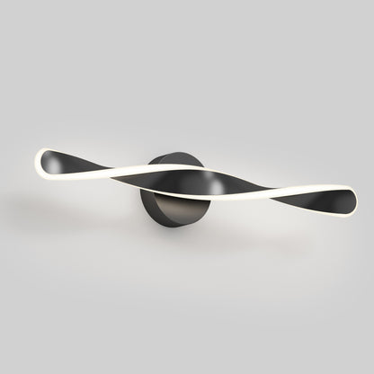 The Artika Finley LED modern bathroom vanity light 3 CCT features a black and white twisted, ribbon-like design in a sleek wall-mounted fixture, shown against a plain light gray background.