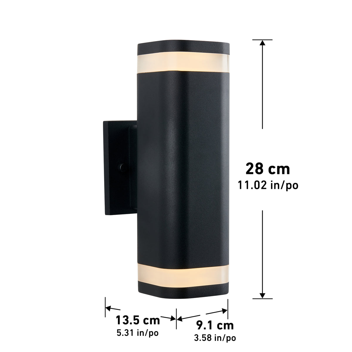 Black wall-mounted cylindrical light fixture with illuminated bands at the top and bottom. The height is 28 cm (11.02 in), width 13.5 cm (5.31 in), and depth 9.1 cm (3.58 in). Measurements are shown with arrows.