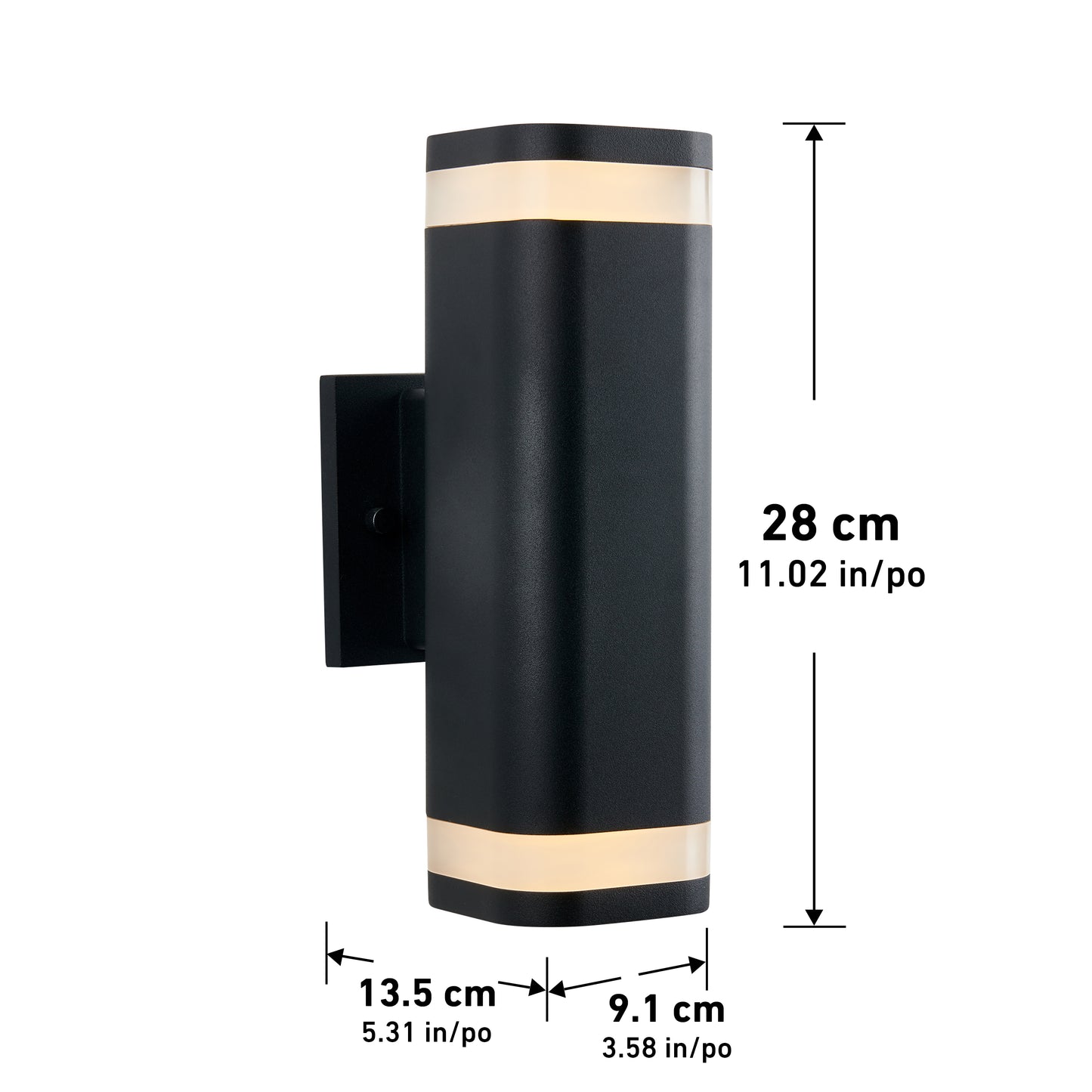 The Artika Stark modern LED indoor-outdoor light with wi-fi features a black finish, frosted bands on top and bottom, and a rectangular backplate. Dimensions: 28 cm high, 13.5 cm wide, 9.1 cm deep.