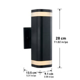 Black wall-mounted cylindrical light fixture with illuminated bands at the top and bottom. The height is 28 cm (11.02 in), width 13.5 cm (5.31 in), and depth 9.1 cm (3.58 in). Measurements are shown with arrows.