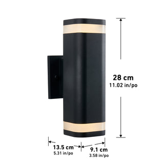 The Artika Stark modern LED indoor-outdoor light with wi-fi is a black wall sconce featuring illuminated bands at the top and bottom, measuring 28 cm tall, 13.5 cm deep, and 9.1 cm wide.