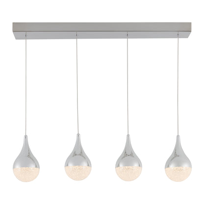 The Artika Glitzer 4-light LED pendant features four chrome teardrop-shaped shades suspended in a row from a rectangular ceiling mount, each softly illuminated from below.