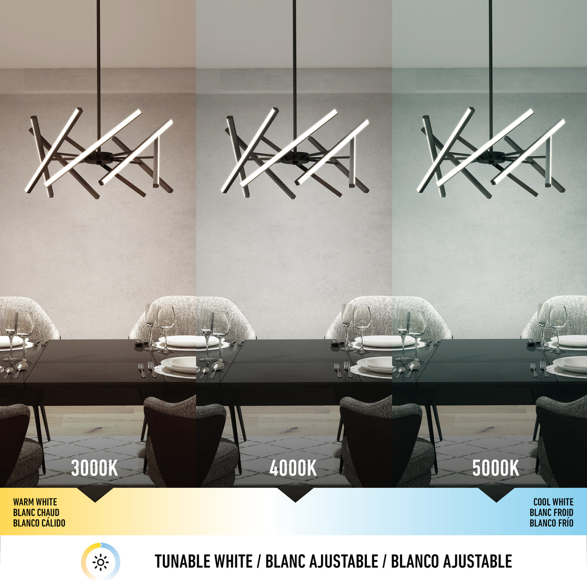 A modern dining room shows a chandelier under three different light settings: warm white (3000K), neutral white (4000K), and cool white (5000K). A color temperature scale is displayed at the bottom.