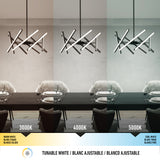 A modern dining room shows a chandelier under three different light settings: warm white (3000K), neutral white (4000K), and cool white (5000K). A color temperature scale is displayed at the bottom.