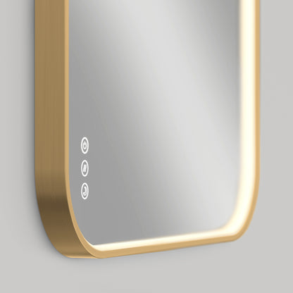 A close-up of the Artika Royce Dimmable LED Mirror, shown with a gold frame, illuminated edges, 3 adjustable colour temperatures (CCT), and touch controls on the lower left; mounts horizontally or vertically.