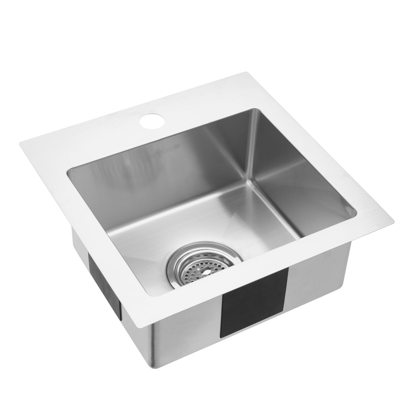 The Artika Plaza Bar Single Bowl Sink is a stainless steel square kitchen sink with a central drain strainer and a pre-drilled faucet hole, shown against a white background.