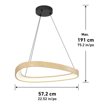 The Artika Bjorn modern LED pendant light 5 CCT features an oval wooden frame and black ceiling mount, measuring 57.2 cm wide with a max hanging height of 191 cm.