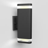 A modern, rectangular black wall-mounted light fixture with frosted panels on the top and bottom, emitting white light against a plain white background.