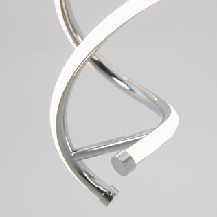 Close-up of Artika's DNA LED pendant light, showcasing two intertwined, illuminated metallic spiral tubes with integrated LEDs against a plain light gray background.