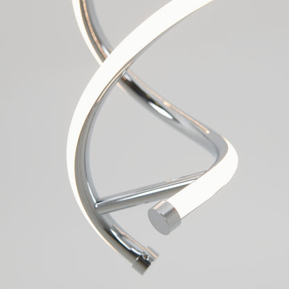 Close-up of Artika's DNA LED pendant light, showcasing two intertwined, illuminated metallic spiral tubes with integrated LEDs against a plain light gray background.