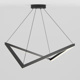 Modern geometric ceiling light fixture with a triangular black metal frame suspended by four thin black cables, featuring integrated LED strips along the inner edges, set against a plain white background.