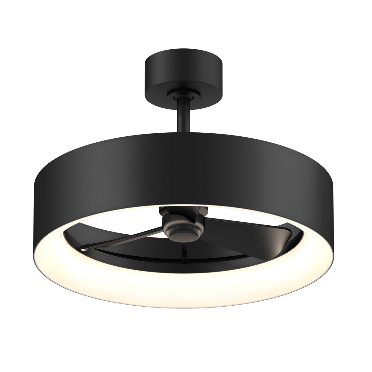 A modern black ceiling fan with a circular light ring, featuring three blades and a sleek, minimalist design.