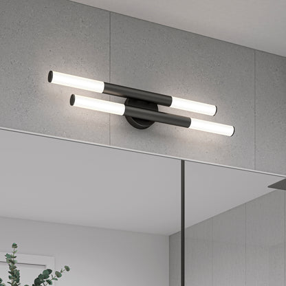 The Artika Boro LED modern bathroom vanity light 5 CCT, a sleek black fixture with two horizontal LED bars, is mounted on a gray tiled bathroom wall above a large mirror.