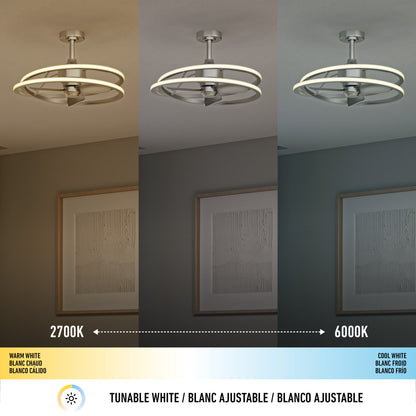 The Artika Coda 23 in. LED modern ceiling fan with remote is shown in three sections: left (2700K warm white), center (neutral), and right (6000K cool white) to highlight its adjustable color temperature feature.