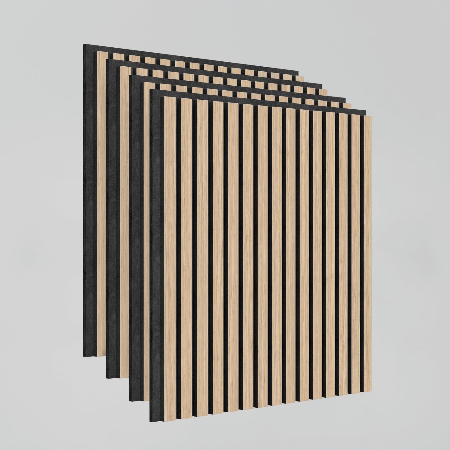Four Artika-CAN-dev Sonolok 15.5 ft sound-absorbing wall panels, featuring alternating vertical black and light wood-colored slats, are stacked together against a plain light gray background.