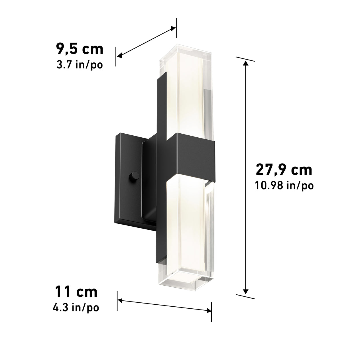 The Artika Gemini indoor-outdoor LED wall light features a modern design with a black base and clear ends, measuring 27.9 cm tall, 11 cm wide, and 9.5 cm deep.
