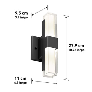 The Artika Gemini indoor-outdoor LED wall light features a modern design with a black base and clear ends, measuring 27.9 cm tall, 11 cm wide, and 9.5 cm deep.