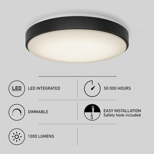 The Artika Sunraker 10 in. LED modern flush mount light is shown above icons highlighting its features: integrated LED, 50,000-hour lifespan, dimmable, 1,000 lumens, easy installation with safety hook included.