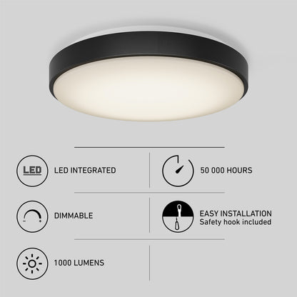 The Artika Sunraker 10 in. LED modern flush mount light is shown above icons highlighting its features: integrated LED, 50,000-hour lifespan, dimmable, 1,000 lumens, easy installation with safety hook included.