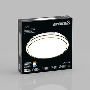 Artika Emina 13 in. LED flush mount light 3 CCT box showing the round, dimmable fixture, specs—50,000-hour lifespan, 800 lumens, 3 color options—with English and French text.