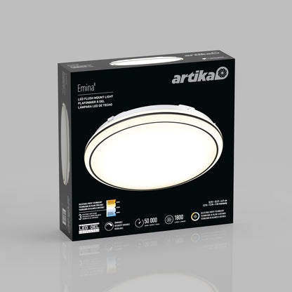 Artika Emina 13 in. LED flush mount light 3 CCT box showing the round, dimmable fixture, specs—50,000-hour lifespan, 800 lumens, 3 color options—with English and French text.