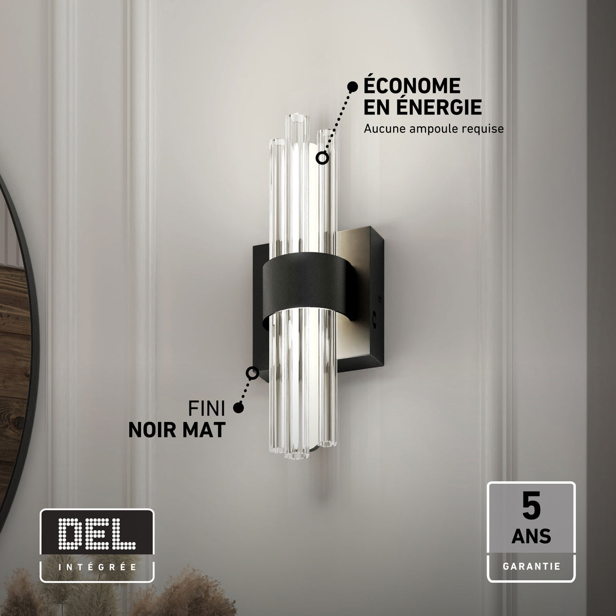 Artika Dorado LED wall sconce, 3 CCT, matte black, energy saving, 5-year warranty—shown mounted on a white wall.