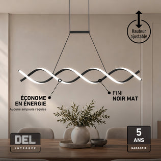Artika DNA Linear LED modern pendant light in matte black with a double helix shape, adjustable height, energy efficiency, and a 5-year warranty.