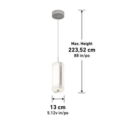 The Artika Subway Round Mini LED pendant light features a cylindrical white shade (13 cm diameter), a maximum hanging height of 223.52 cm, and suspends from a round ceiling mount.
