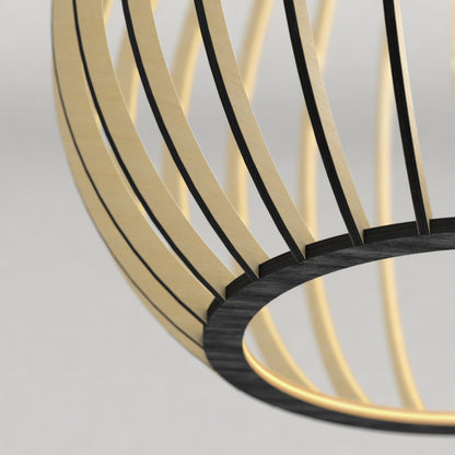 Close-up of the Artika Tomi LED Pendant Light 3 CCT, featuring a modern open metal shade with curved gold and black slats arranged in a circular pattern against a light grey background.