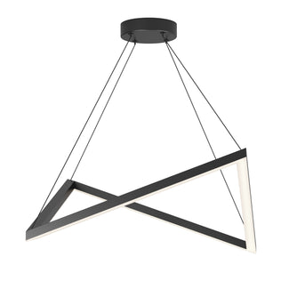 The Artemis LED pendant light 3 CCT by Artika features a modern geometric black triangular frame, suspended by four thin black cables from a round ceiling mount, with integrated LED lighting along the inner edges.
