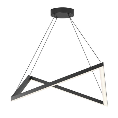 The Artemis LED pendant light 3 CCT by Artika features a modern geometric black triangular frame, suspended by four thin black cables from a round ceiling mount, with integrated LED lighting along the inner edges.