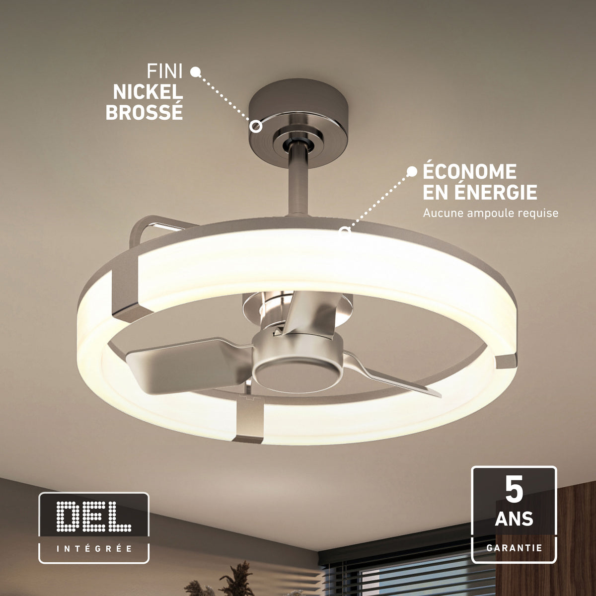 Artika Sunnyvale 23 in. LED fandelier with light, remote, French energy label, brushed nickel finish, 5-year warranty.