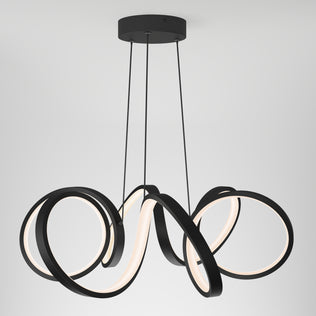 The Artika Swirl Ribbon LED pendant light features three intertwined black LED rings suspended by cords, creating a modern, sculptural look against a plain white background.