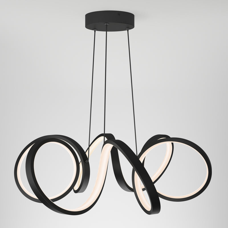 The Artika Swirl Ribbon LED pendant light features three intertwined black LED rings suspended by cords, creating a modern, sculptural look against a plain white background.