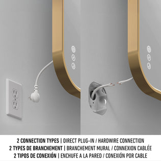 Side-by-side images show the Artika Royce Dimmable LED Mirror (3 CCT, horizontal/vertical mount) with two power options: left—plugged into an outlet; right—hardwired. English, French, and Spanish text describes each connection.